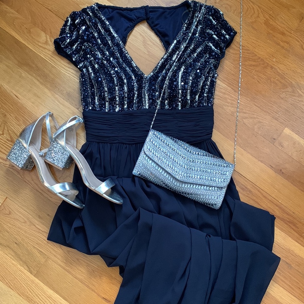 JS Collection gorgeous navy blue and silver sequin wedding guest dress, size 2